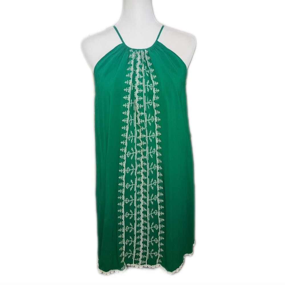 Mi Ami Green Halter Style Lined Mini Dress, White Embroidery, No Belt, M